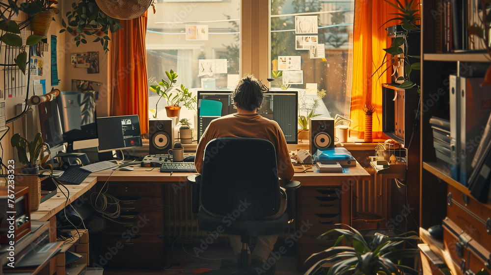 Person at a multi-monitor desk setup.work from home Person at a multi-monitor desk setup.work from home