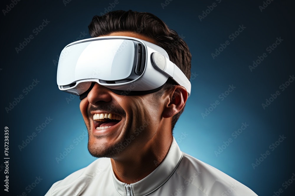 Portrait of happy man wearing virtual reality glasses isolated on flat white background with copy space. Banner template of smiling man in white VR goggles, Generative AI.