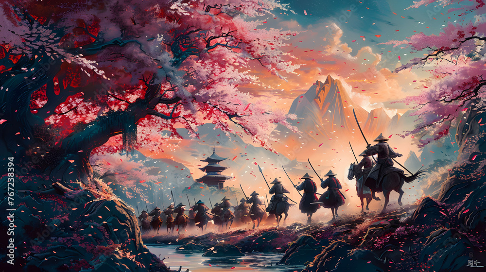 Obraz premium Samurai Warriors Riding Through Blossom-Filled Valley