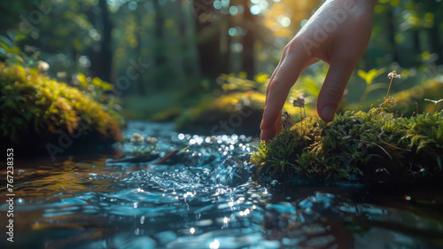 A hand touching water in a forest stream