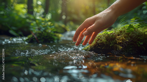 Hand touching water in a forest stream.