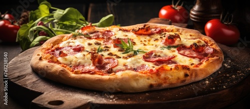 A pizza on a wooden surface with fresh tomatoes