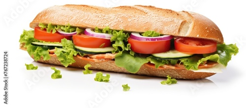 Sandwich filled with lettuce, tomato, and onion