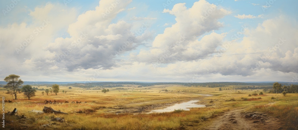 Painting of a river landscape with various animals Painting of a river landscape with various animals