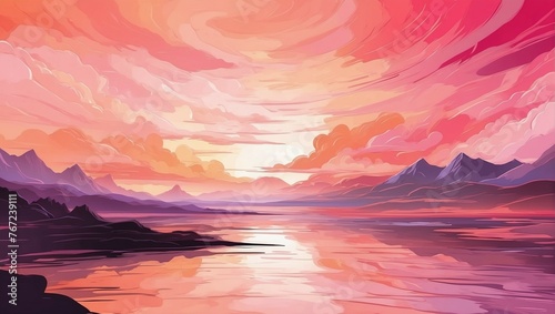 Gradient with a combination of warm coral and peach tones, shades of purple and fuchsia in a landscape with mountains and the sea #767239111