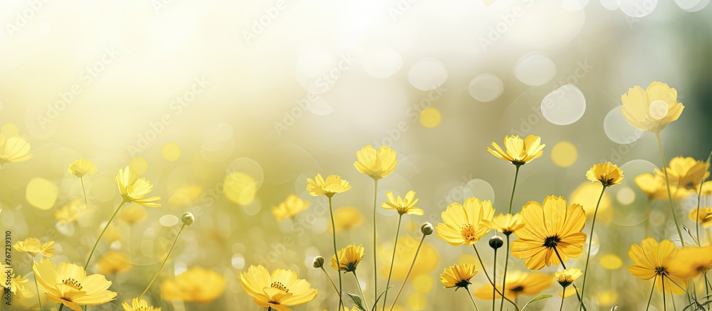 Yellow flowers in a field with a bright light - obrazy, fototapety, plakaty 