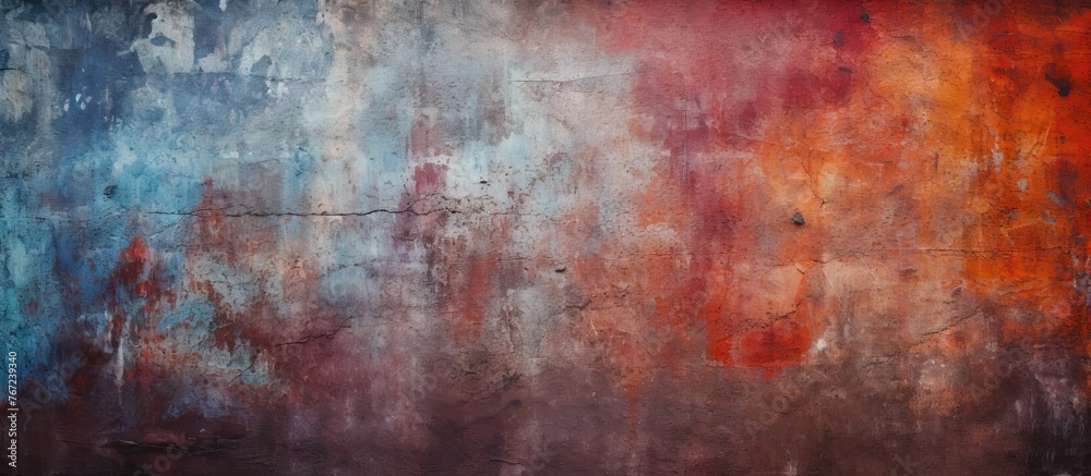 A close-up of a painting showing a red and blue wall