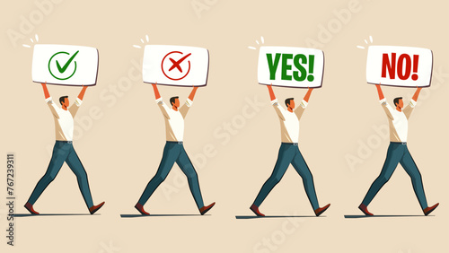 The man holding a sign says correct, wrong, YES , NO red, and green colors, All in one 