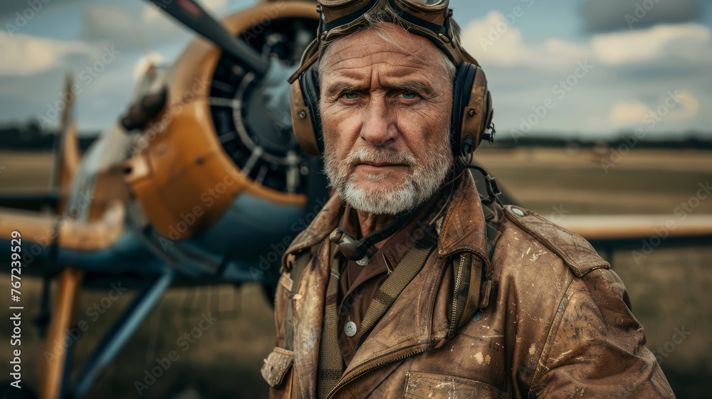 Senior male pilot in front of a vintage airplane.