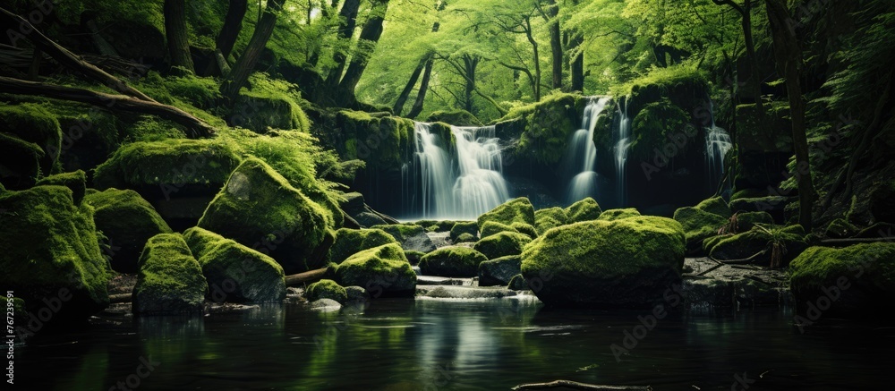 A serene waterfall in a lush forest surrounded by mossy rocks