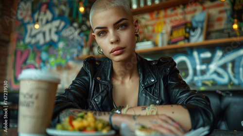 Woman with tattoos having brunch