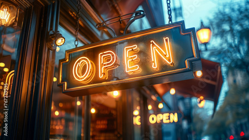 Neon "open" sign at a storefront.