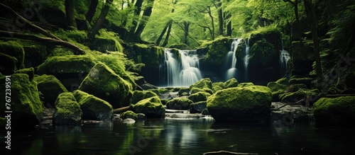 A serene waterfall in a lush forest surrounded by mossy rocks
