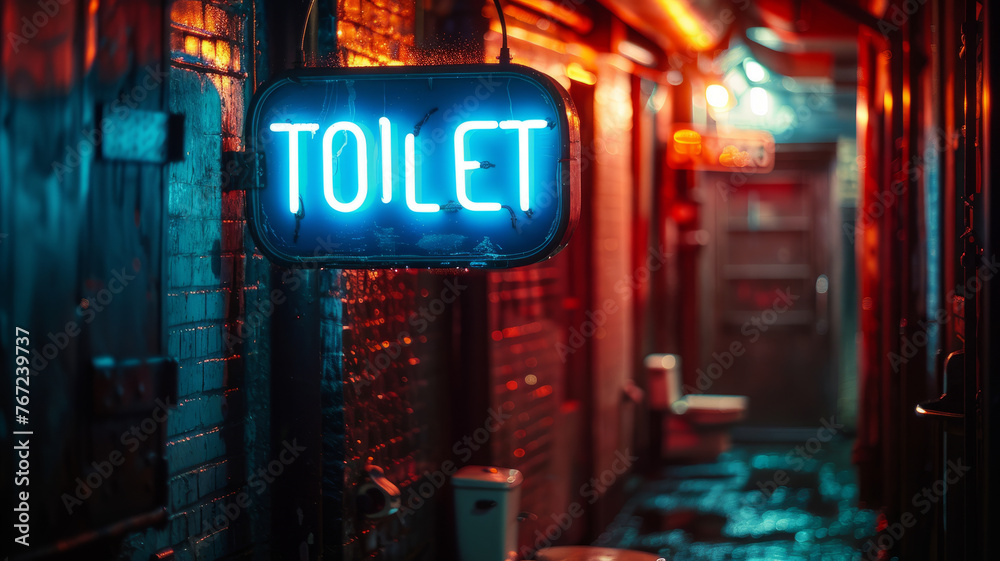Neon toilet sign in urban alley at night. Neon toilet sign in urban alley at night.