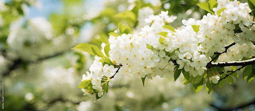 A white-flowered tree branch with green leaves A white-flowered tree branch with green leaves