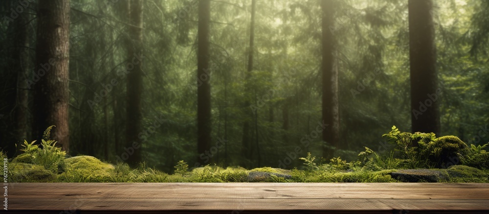 Wooden table amidst lush forest covered in moss Wooden table amidst lush forest covered in moss