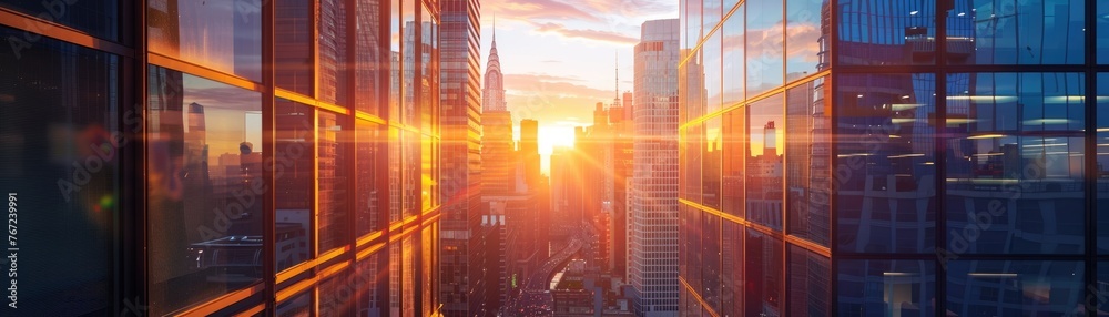 High-rise office buildings reflecting the sunrise, embodying peace and success in the corporate world. High-rise office buildings reflecting the sunrise, embodying peace and success in the corporate world.