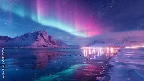 Aurora borealis over the sea, snowy mountains and city lights at night. Northern lights in Lofoten islands, Norway. Starry sky with polar lights. Winter landscape with aurora, reflection, Ai Generated photo