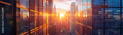 High-rise office buildings reflecting the sunrise, embodying peace and success in the corporate world. 