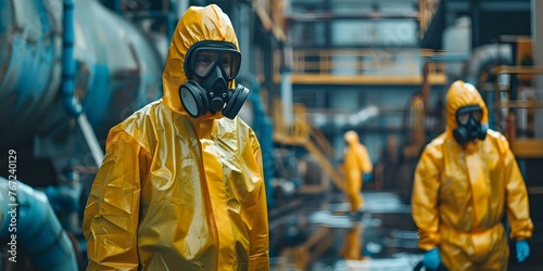 Workers in protective gear handling hazardous materials for production ensuring safety in the workplace. Concept Protective Gear, Hazardous Materials, Production Safety, Workplace Safety photo