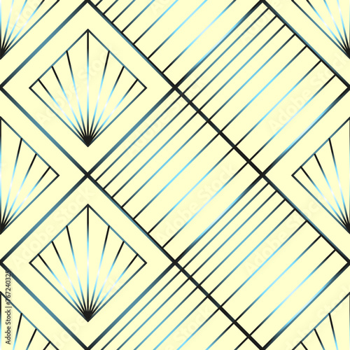 Seamless vector geometric art deco pattern with rhombuses, stripes, palmettes and gradients
