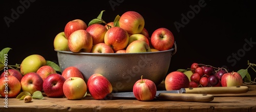 Many apples in metal bowl on table