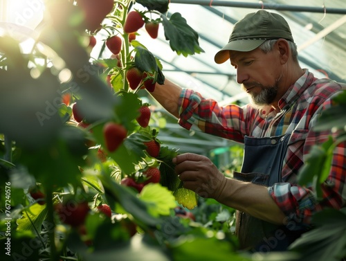 A man is picking strawberries in a greenhouse. The man is wearing a hat and a blue apron
