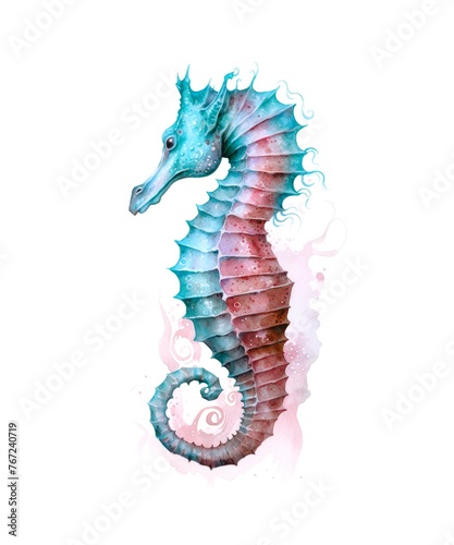 Watercolor illustration of a seahorse isolated on white background.