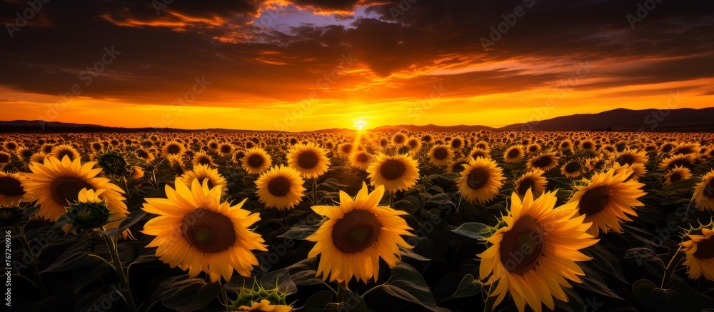 A field of sunflowers under a sunset sky, with orange petals glowing in the evening light. A pictureperfect happy landscape of flowering plants