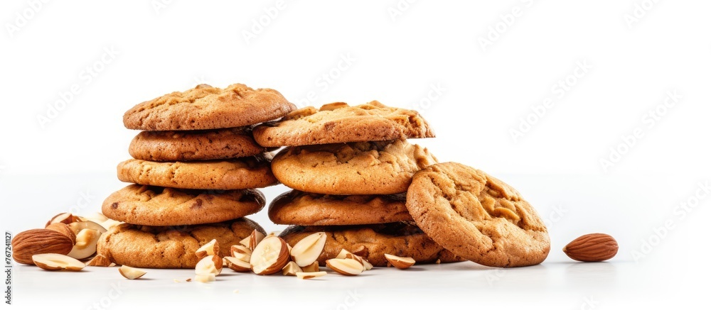 A close-up of a heap of biscuits with nuts on a white surface