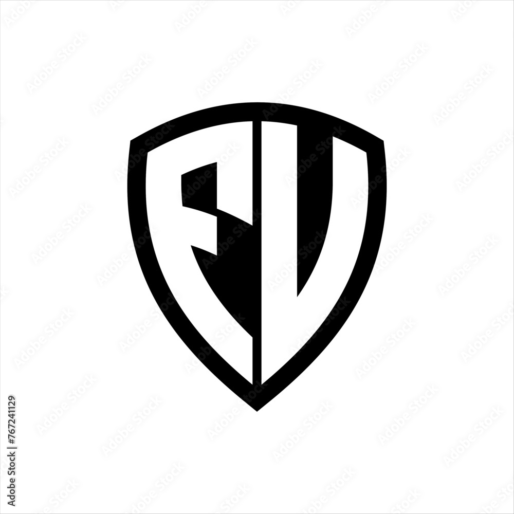 FU monogram logo with bold letters shield shape with black and white color design FU monogram logo with bold letters shield shape with black and white color design