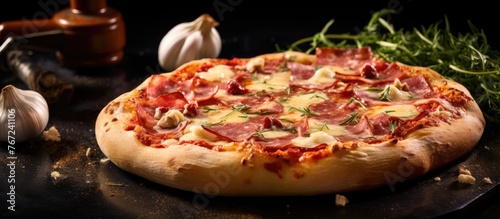 A close-up of a ham and cheese pizza on a plate