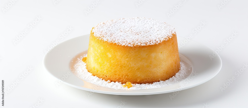 A small cake on a plate with powdered sugar A small cake on a plate with powdered sugar