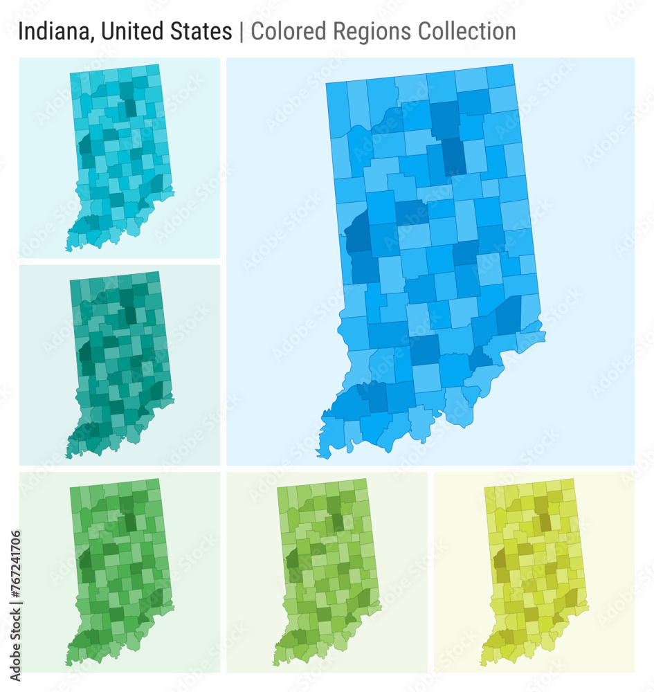 Indiana, United States. Map collection. State shape. Colored counties ...