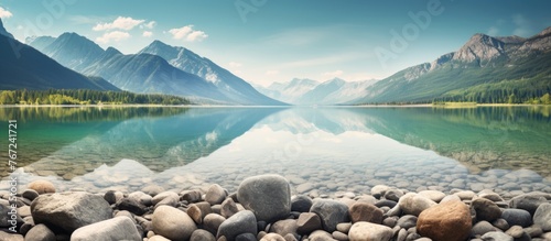 Serene lake surrounded by mountains and rocks photo