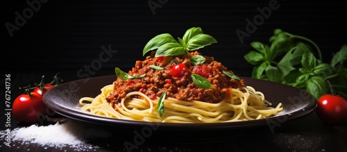 A plate of spaghetti with tomatoes and basil