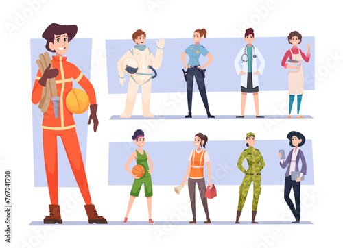 Woman occupations. Set of female characters workers athlete cook and other professional occupation exact vector illustrations