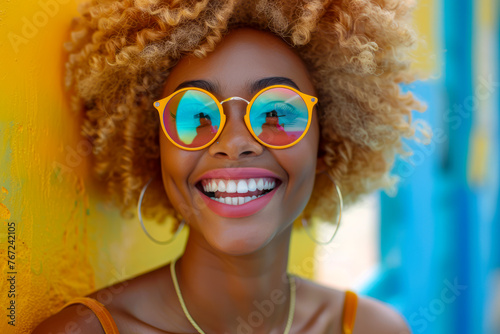 Joyful African American woman with blonde afro hair laughing in colorful fashion glasses, exuding happiness and humor photo