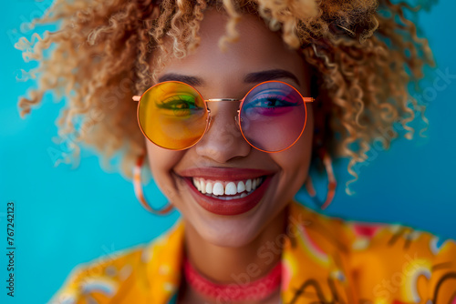 Joyful African American woman with blond afro hair laughing in stylish colorful glasses