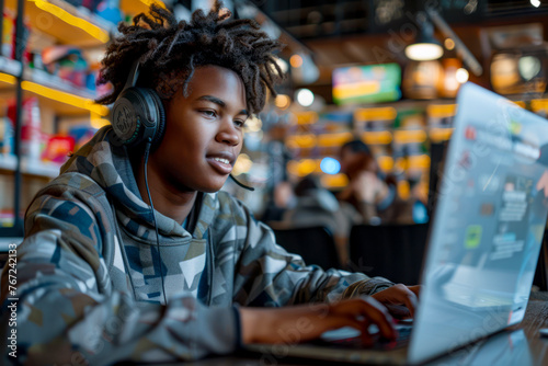 Young African American gamer immersed in video game on laptop at cafe with copy space for text or design.