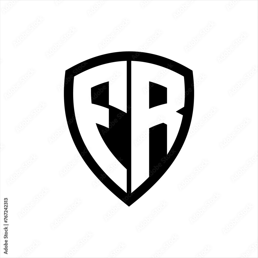 FR monogram logo with bold letters shield shape with black and white color design FR monogram logo with bold letters shield shape with black and white color design