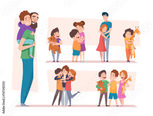 Kids hugging. Warm children hugs happy kids holding toys exact illustrations of family love