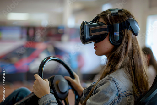 Virtual Driving: Young Woman Learns to Drive in VR at Driving School