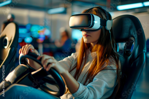 Virtual Driving School: A Young Woman's Journey to Mastering the Roads in VR Glasses photo