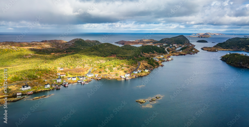 Obraz premium Small Town, Coast on East Coast of Atlantic Ocean. Aerial Nature Background.