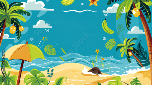 Beach with palm trees tropical island. Cool illustration for the summer vacation concept. Summer is here celebration banner with copy space