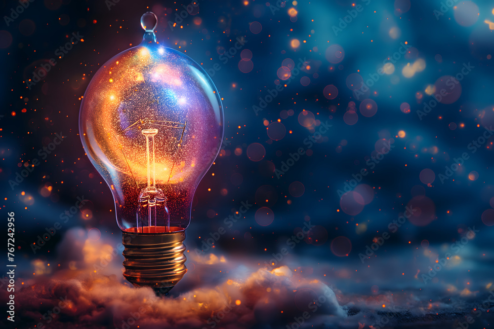 Glowing Light Bulb with Sparkling Effects on a Blue Bokeh Background Glowing Light Bulb with Sparkling Effects on a Blue Bokeh Background