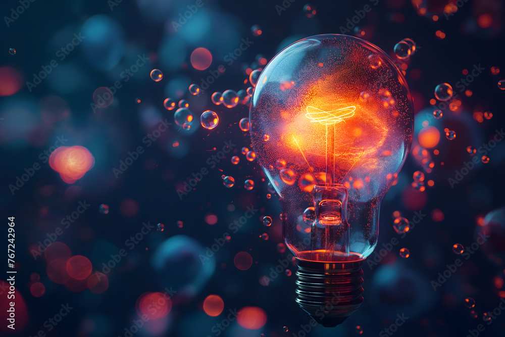 Exploding Lightbulb with Abstract Colorful Particles on Dark Background Exploding Lightbulb with Abstract Colorful Particles on Dark Background