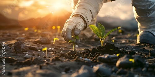 Planting Hope: Astronaut Cultivating a Seedling on Barren Landscape. Concept Space Exploration, Future Agriculture, Sustainable Innovation, Planetary Revitalization, Imagining Possibilities