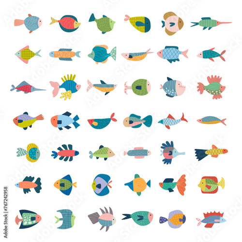 Fototapeta Naklejka Na Ścianę i Meble -  Fishes. Stylized flat illustrations set of beautiful fishes recent vector template set